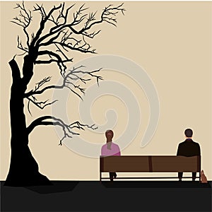 Couple of strangers outdoors in the Park sitting on a bench back view .