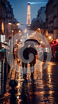 Couple in the streets behind umbrella. Honeymoon in Paris, against Eiffel tower