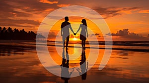 Couple strolling hand in hand along secluded beach. wallpaper Valentine\'s Day love and romance.