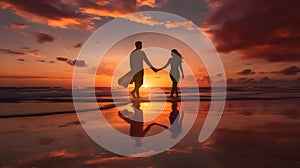 Couple strolling hand in hand along secluded beach. wallpaper Valentine\'s Day love and romance.