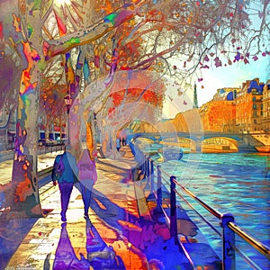 A Couple Strolls along the French Embankment, Bright Colors, Modern Art, Abstract Generative AI Illustration