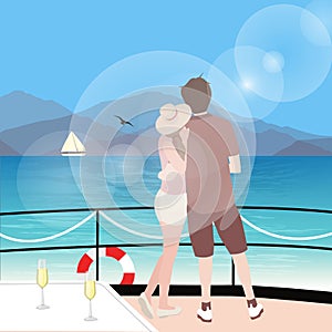 Couple stting on sailboat deck looking at sealine wearing hat with wine behind