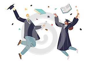 Couple of student jump cheerful celebrate graduation from university, academy education end