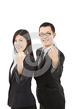 Couple with success gesture