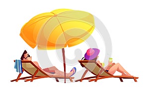 Couple sunbathe on chaise lounge under umbrella