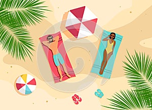 Couple sunbathing top view. A man and an African American woman are sunbathing on a beach. Beach time vector illustration