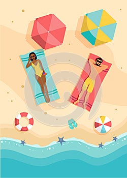 Couple sunbathing top view. A man and an African American woman are sunbathing on a beach. Beach time vector illustration