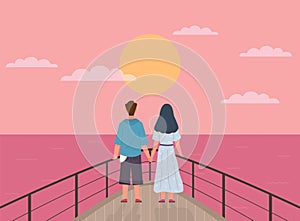 Couple and sunset. Happy man and woman on date watch sun on ship, pair back view look horizon, romantic relationships