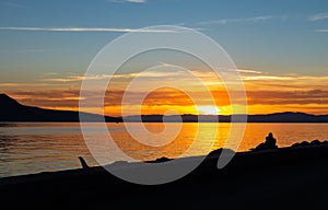 Couple. Sunset. Lake. Color. Silhouette. Love