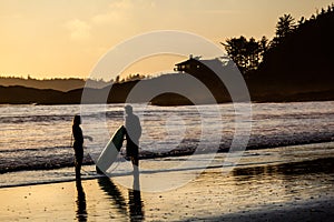 Couple of Surfers in Tofino Beach at Sunset