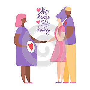 Couple with Surrogate Pregnant woman. Vector illustration flat cartoon style. Adoptive parents. Surrogacy