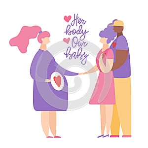 Couple with Surrogate Pregnant woman. Vector illustration flat cartoon style. Adoptive parents. Surrogacy