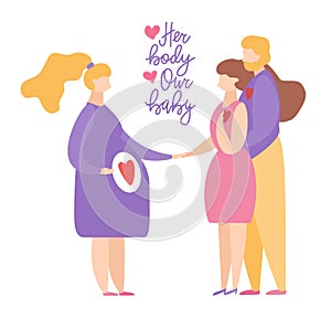 Couple with Surrogate Pregnant woman. Vector illustration flat cartoon style. Adoptive parents. Surrogacy