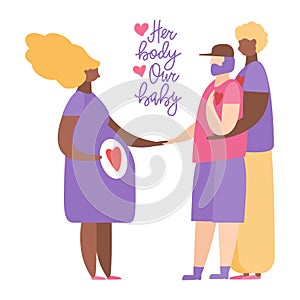 Couple with Surrogate Pregnant woman. Vector illustration flat cartoon style. Adoptive parents. Surrogacy