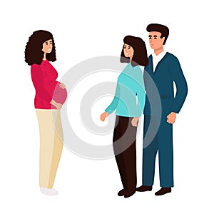 Couple with Surrogate Pregnant woman. Vector illustration flat cartoon style with hand drawn lettering. Adoptive parents