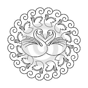 Couple of swans circle vector mandala coloring book