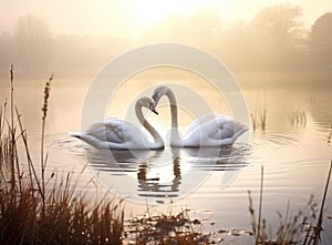 The couple of swans with their necks form a heart. Mating games of a pair of white swans. Swans swimming on the