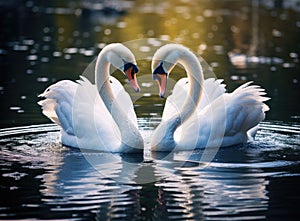 The couple of swans with their necks form a heart. Mating games of a pair of white swans. Swans swimming on the