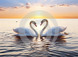 The couple of swans with their necks form a heart. Mating games of a pair of white swans. Swans swimming on the