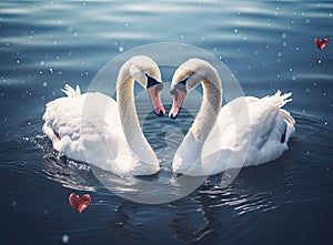 The couple of swans with their necks form a heart. Mating games of a pair of white swans. Swans swimming on the