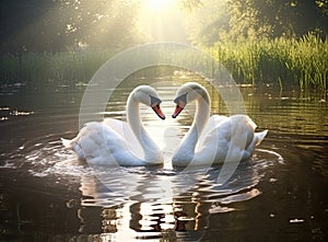 The couple of swans with their necks form a heart. Mating games of a pair of white swans. Swans swimming on the