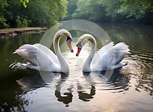 The couple of swans with their necks form a heart. Mating games of a pair of white swans. Swans swimming on the