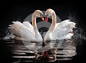 The couple of swans with their necks form a heart. Mating games of a pair of white swans. Swans swimming on the