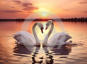 The couple of swans with their necks form a heart. Mating games of a pair of white swans. Swans swimming on the