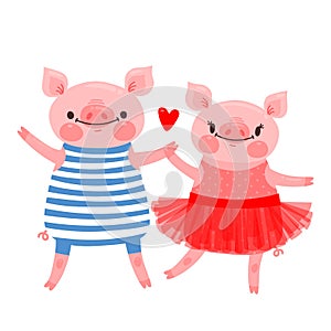 Couple of sweet piglets. Character design pig in ballet skirt and a hog in the vest. Vector illustration