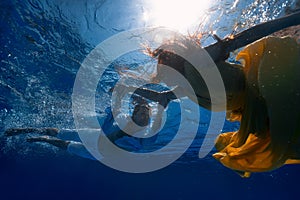 Couple swimming underwater