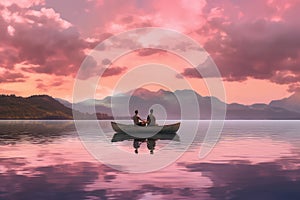 A couple swims on a canoe, kayak in the sea, ocean, river. Water sports on the background of mountains and summer. generative ai