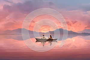 A couple swims on a canoe, kayak in the sea, ocean, river. Water sports on the background of mountains and summer. generative ai