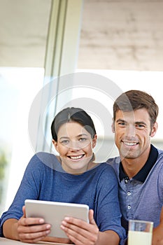 Couple, tablet and happy in house with portrait for movie, film and online streaming. Man, technology and woman with