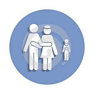 a couple takes the child to school icon in badge style. One of Family collection icon can be used for UI, UX