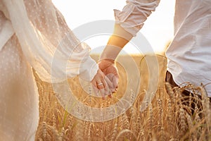 Couple taking hands and walking on golden wheat field over beautiful sunset