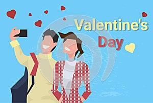 Couple taking selfie photo happy valentines day holiday concept man woman using smartphone camera heart shapes male