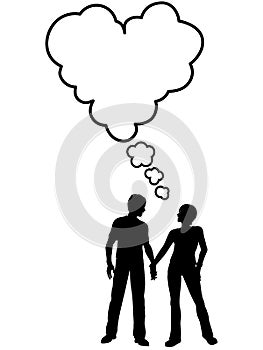 Couple talk think love in heart speech bubble