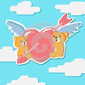 Couple teddy bear hugging winged heart, Greeting card vector illustration