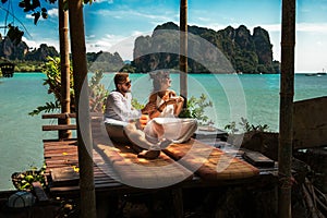 Couple on their honeymoon. Couple travels the world. Happy couple on vacation. Man and woman traveling to Thailand. Holidays on