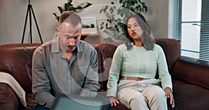 Couple, therapy and angry with failed marriage, argument and divorce with psychologist and sad. Office, man and woman