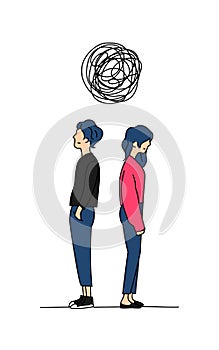 Couple think complicated relationship problem doodle color drawing vector illustration. man and girl stand back to back with big