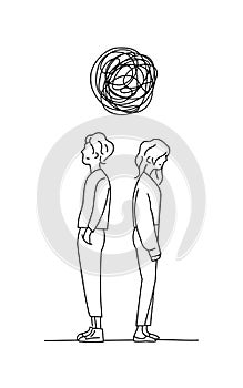 Couple think complicated relationship problem doodle drawing vector illustration. man and girl stand back to back with tangled