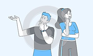 Couple thinking cartoon contour illustration. Pensive and puzzled wife and husband making decision, searching solution