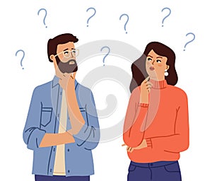 Couple thinking. Confused people, doubt girl man with question marks. Cartoon questionable person, thoughtful face