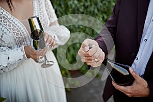 Couple toasting wine glasses for celebration. Two people holding flutes doing cheers