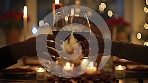 A couple toasting with wine glasses over a candlelit dinner table AIG51A photo