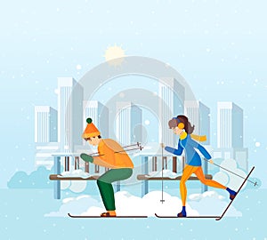 Couple together man and woman is skiing with each other