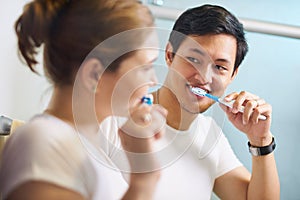 Couple With Toothbrush Man And Woman Washing Teeth Together