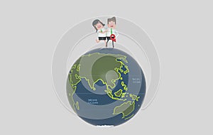 Couple at top of the world map globe. 3d illustration. Isolated. Asia.