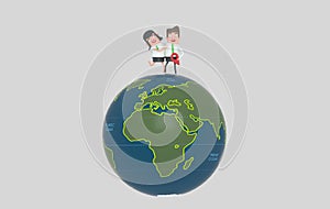 Couple at top of the world map globe. 3d illustration. Isolated. Europe, Africa.